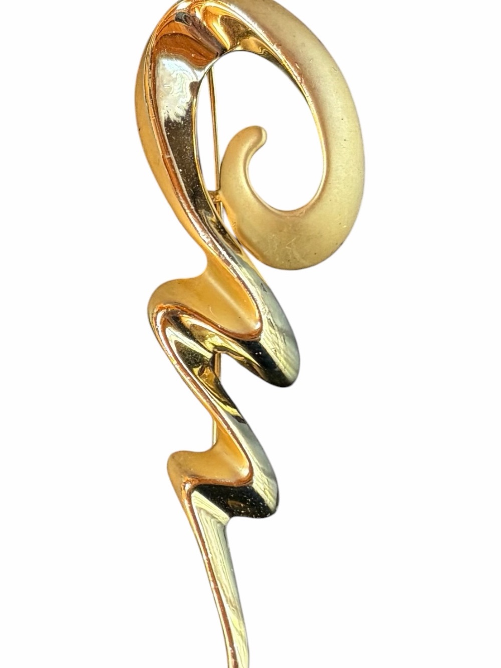Gold Tone Abstract Swirl Brooch Pin Modern Polished & Matte Zig Zag 3 1/2" OAJC